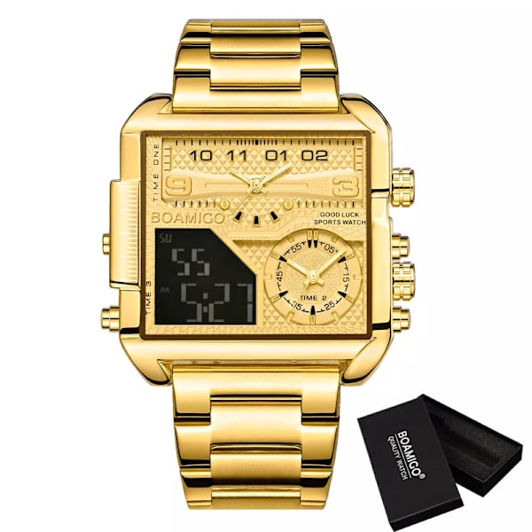 BOAMIGO Toppmärke Lyxmode Herrklockor Guld Stål Sport Fyrkantig Digital Analog Big Quartz Watch for Man relogio masculino gold(.109)