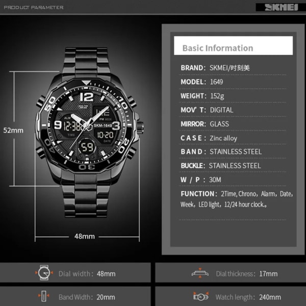 SKMEI Lyxmärke Watch Militär Digital Sport Armbandsur Herr Stålband Vattentät klocka Man reloj hombre 1649 montre Black
