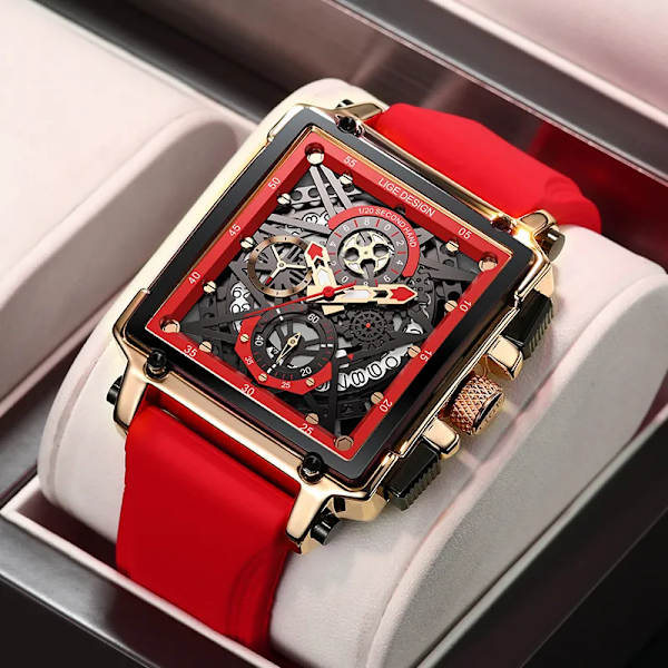 2023 nya LIGE Herrklockor Toppmärke Lyx Hollow Square Watch För män Mode Silikonrem Vattentät Quartz Armbandsur All black
