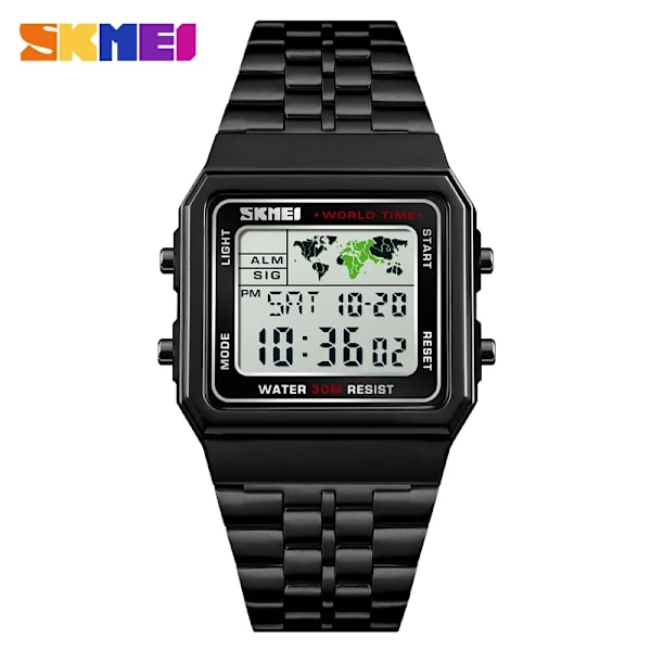 SKMEI Top Lyx Mode Watch Herr Väckarklocka 3Bar Vattentät Rostfritt stål Armband Digitala klockor reloj hombre 1338 black