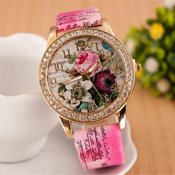 HET FÖRSÄLJNING!!! Kvinnor Rhinestone Inlagd Blomma Rund Urtavla Faux Läder Band Kvarts Watch Mode Kvarts Watch Kvinnor C