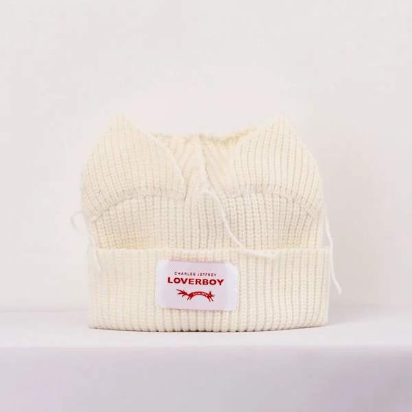 Loverboy Kattöron Stickad Hatt Dubbellager Varm Grisöron Hatt Söt Mode Huva Niche Design Hip-Hop Personlighet Kalla Hatt P35 white thin M 56-58cm