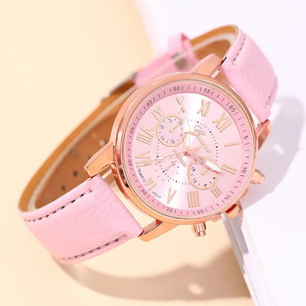 2023 Genève Mode Kvinnor Rosa Läder Klockor Unisex Quartz Watch för Kvinnor Business Casual Watch Relogio Feminino Pink