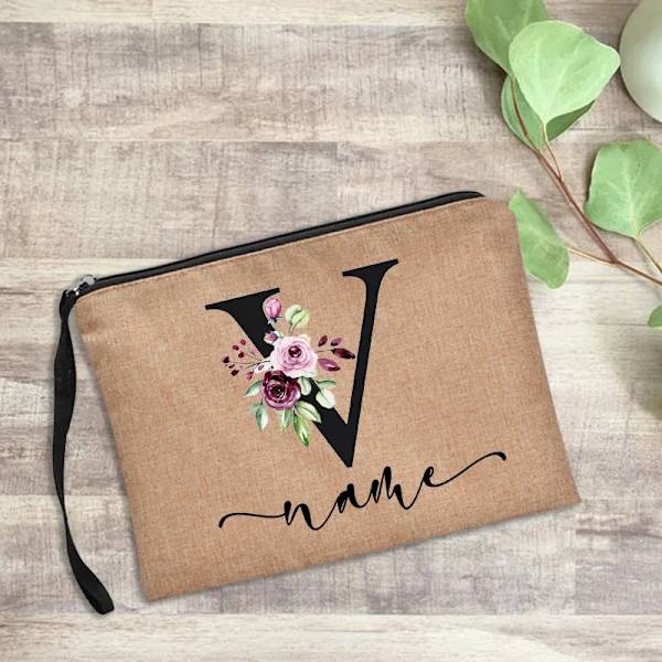 Personligt namn Kvinnor Sminkväska Alfabet Blommor Canvas Kosmetiska fodral Handväska Utomhusfest Bröllopspresenter Kawaii Makeup D4blackfV