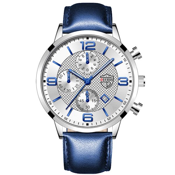 Lyx Herr Klockor i rostfritt stål Mode Herr Affär Läder Watch Man Kalender Datum Lysande klocka relogio masculino Leather Blue White
