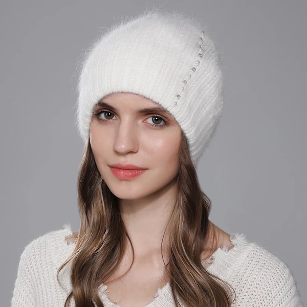 Cntang Angorahatt för kvinnor, vinter, stickad, varm, mössa, mode, lyxig designerhatt för kvinnor med pärldiamant Gray