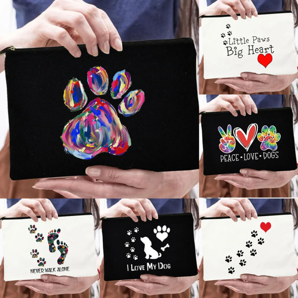 Peace Love Dogs Print Kvinnor Kosmetiska väskor Love My Dog Cute Paws Dragkedja Sminkpåse Resor Toalettsaker Organizer Stor kapacitet W01904-TBWH-D