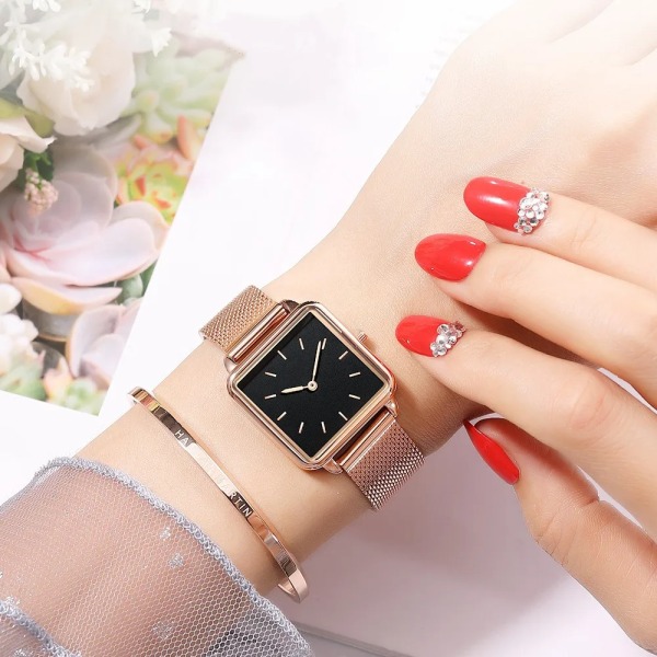 Reloj Mujer Lyxiga Damklockor Roséguld Enkelt magnetiskt mesh Dammode Fyrkantigt Watch Zegarek Damski Black