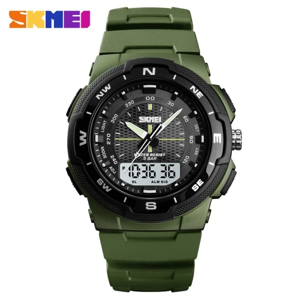 SKMEI 1454 Man Militär Klockor Herr PU Armband Armbandsur Quartz Klockor Dubbelklocka Watch Utomhussport Elektronisk watch Green watch