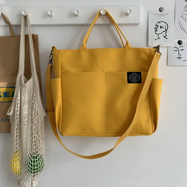 Hylhexyr Dam Retro Stora Väskor Bomulls Canvas Axelväska Mode Crossbody Handväska Dragkedja Casual Tote Multi Pocket Yellow