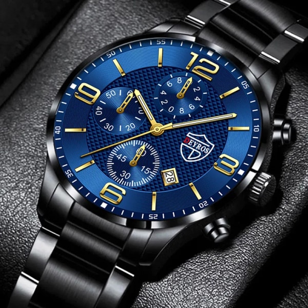 Lyx Herr Klockor i rostfritt stål Mode Herr Affär Läder Watch Man Kalender Datum Lysande klocka relogio masculino Leather Blue Black