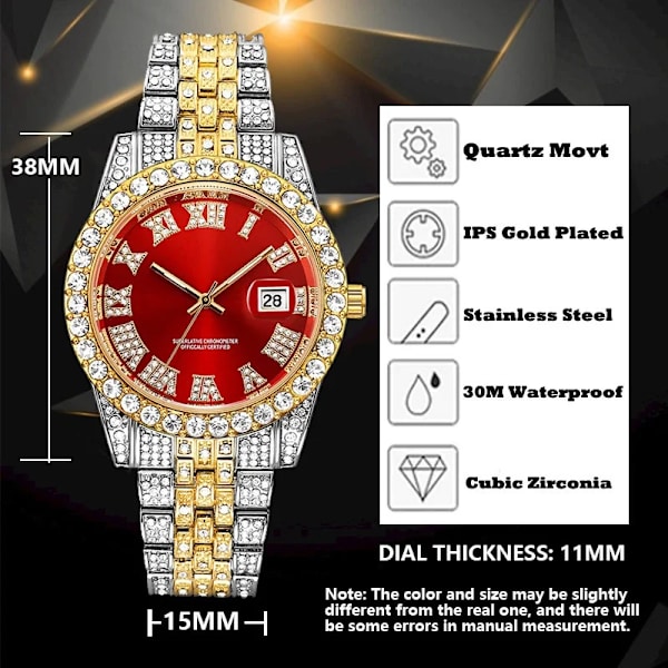 Iced Out Watch Herr Lyx Märke Full Diamond Herrklockor AAA CZ Quartz Watch Vattentät Hip Hop Man Klocka Present För Herr SIZE2-ROSE GOLD