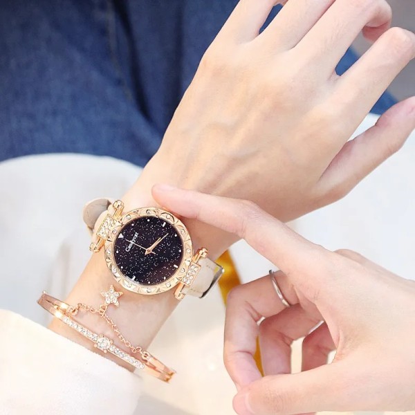 2st Set Damklockor Set Starry Sky Watch Casual Läder Sport Quartz Clock Montre Femme Beige