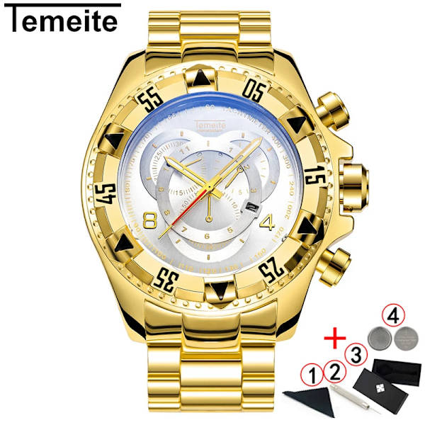 Herrklockor toppmärkt Luxury Quartz Gold Watch Herr Big Dial Vattentät Golden Business Armbandsur herr 2021 Relogio Masculino gold white box