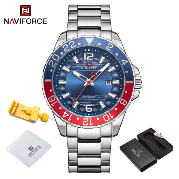 Naviforce Casual Märke Watch Watch i rostfritt stål för män Kvarts datumklocka med lysande visare Relogio Masculino SSBE-BOX