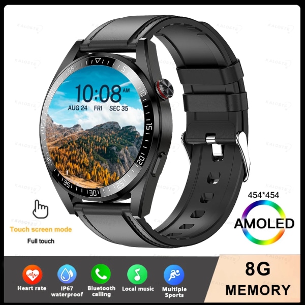 Ny Smart Watch Herr 8G Minne Lokal Musikspelare 454*454 AMOLED-skärm Bluetooth Call Sports Man Smartwatch För Huawei Leather Black Original box