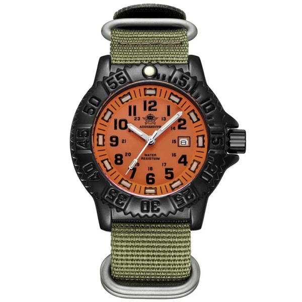 ADDIES Militärklockor män Toppmärke Fahsion Orange Urtavla Sport Vattentät rostfri kvartsklocka Watch Watch da uomo Green nylon A