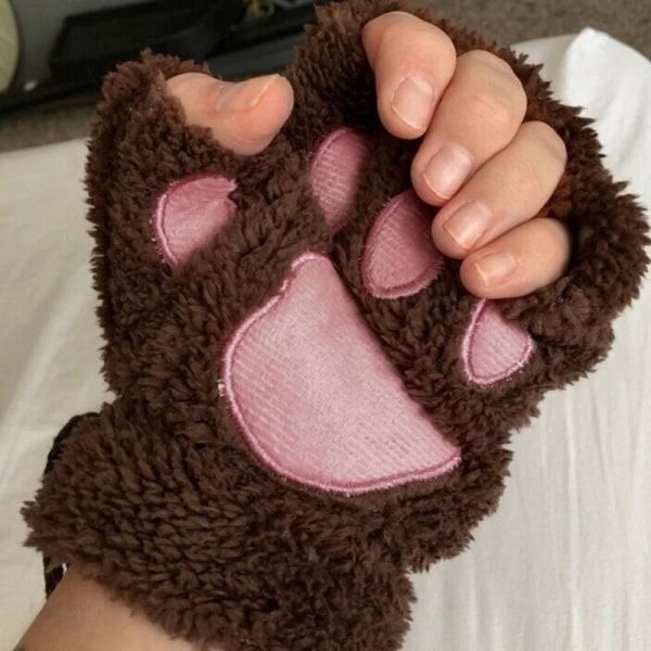 Söt Cat Paw Fluffy Claw Fingerlösa handskar Varm Mjuk Plysch Fingerlös Panda Handske Halvfinger Kvinnor Vinterkläder Julklappar Khaki-A One Size