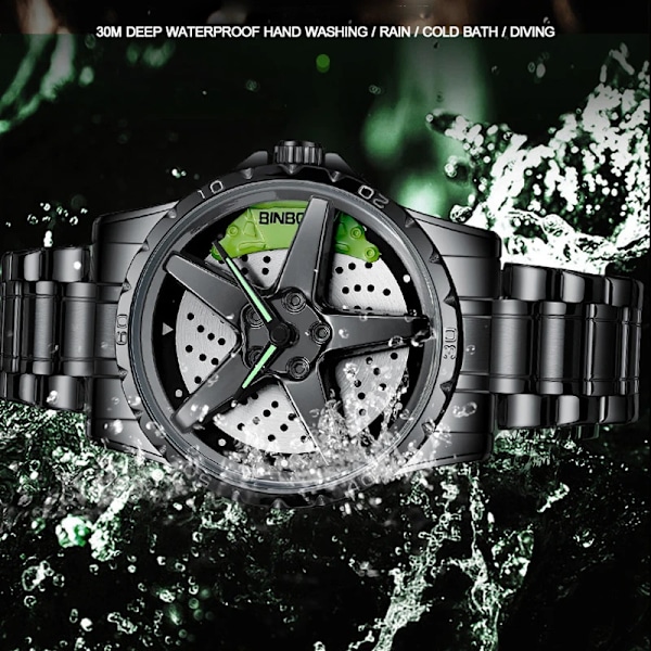 BINBOND Rotation Rim Hub Watch Herrklockor Vattentät rostfritt stålhjul Quartz Armbandsur Herr Relogio Masculino Mesh Silver Red