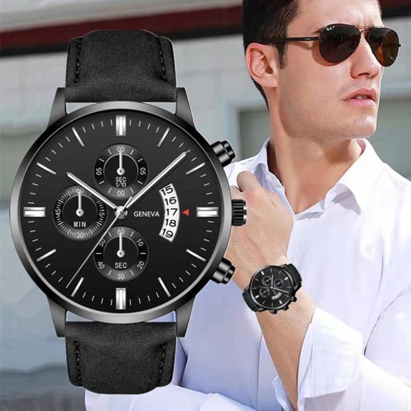 Watch Mode Sport Handled Legering Case Läderband Quartz Business Armbandsur Kalenderklocka Present 02 Silver-White