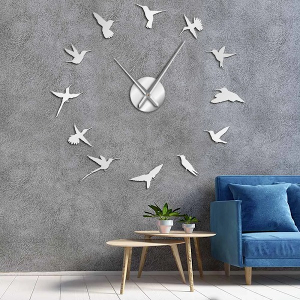 Kolibri Stor Design Väggklocka Tyst Svep Natur Djur Flyg Diy Väggur Rum Heminredning Akryl Klocka Fågelälskare Gåva Black Wall Clock
