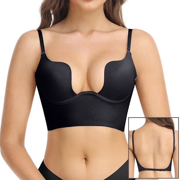 Kvinnors sexiga djupa U-hals BH Shaper Rygglös Push Up Bröst Underkläder BH Lågskurna Plunge Bröllopsunderkläder Korsett Black L