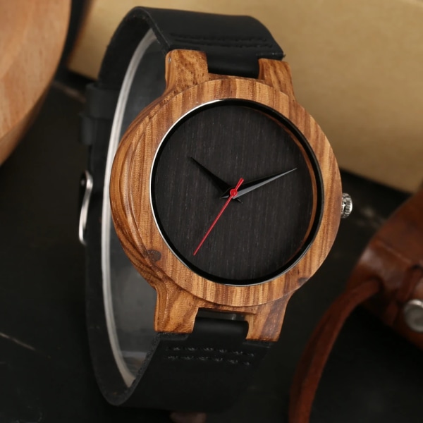 Vintage trä svart/kaffe/grön urtavla Naturlig bambu trä watch för män Läder träklocka Man Hour Top Present Reloj de madera Coffee Dial