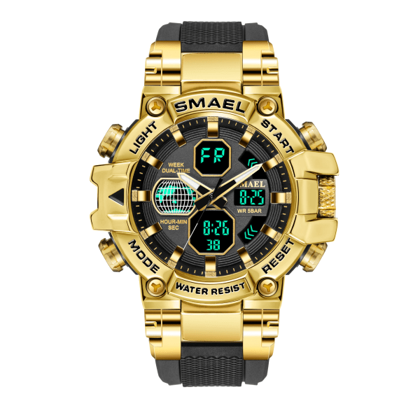 Herr Militärklockor SMAEL Klocka Herr Digitala armbandsur Dual Time LED Armband relogio masculino 8027 Watch Vattentät Gold