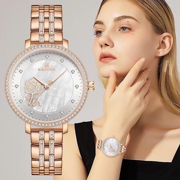 NAVIFORCE Rose Gold Watch Damklockor Dam Klockor Creative Steel Damarmband Klockor Damvattentät klocka Relogio Feminino Rose Gold White