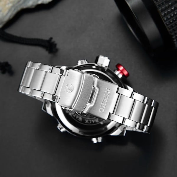 Nytt märke OHSEN Digital Quartz Herr Business Armbandsur Vit Helt stålband Mode LED Militärklänning Casual Watch Present Black green Watch