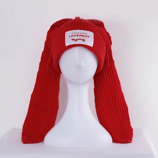 Söt Mode Huva Cap Loverboy Katteöra Stickad Hatt Dubbellager Varm Grisöra Hatt Nisch Design Hip-Hop Personlighet Kalla Hatt E57red rabbit M 56-58cm