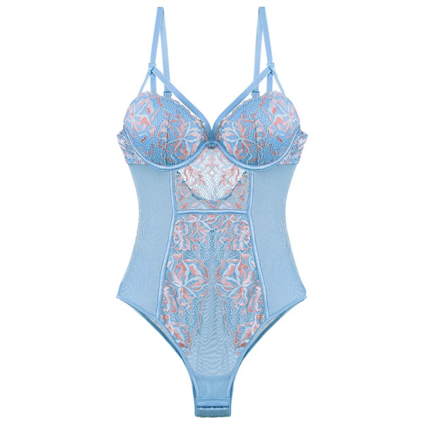 Sexiga underkläder för kvinnor Spets Body Strappy Style Vadderad kopp Bygel Push Up Blommönster 4 färger Underkläder i ett stycke White 75C