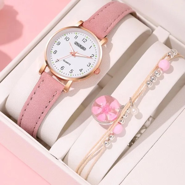 2ST Set Lyx Kvinnor Quartz Watch Girls Present Mode Rosa Läder Klockor Student Trendiga med Armband för Kvinnor Reloj Mujer Pink