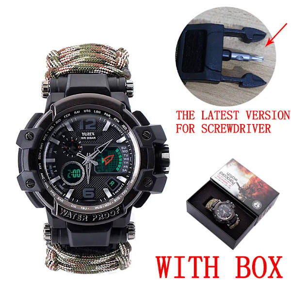 Utomhus Survival Watch Multifunktionell Vattentät Militär Taktisk Paracord Watch Armband Camping Vandring Nödutrustning EDC Camouflage with box
