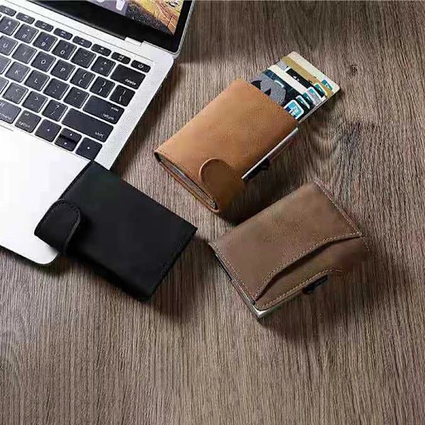 Rfid Smart Wallet ID Kreditkortshållare Läder Ultratunn Business Herr Cardbag Automatisk pop-up Stöldskyddsborste Metallkortlåda BN