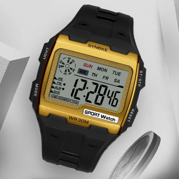 SYNOKE fyrkantig digital watch för män Lysande multifunktionell stor urtavla Sport Vattentät watch LED-skärm Digital armbandsur silver