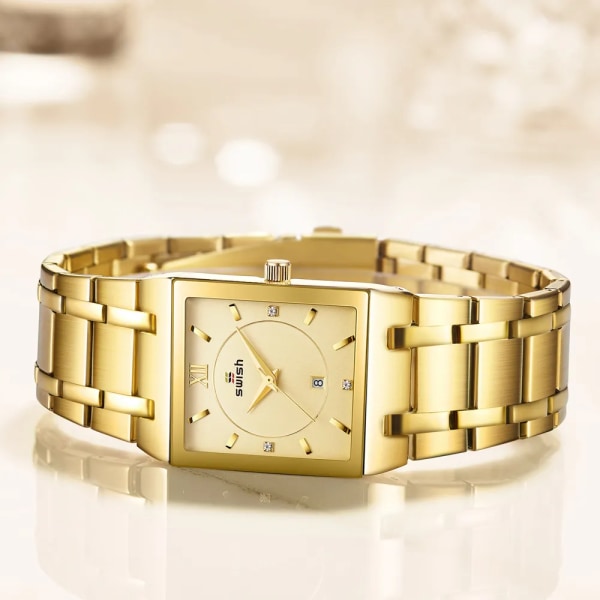 Top Relogio Feminino Luxo gyllene armbandsklockor Dammode Square Quartz Watch Dam Watch Kvinnligt Toppmärke Lyx Gold Black with Box