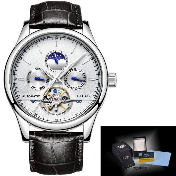 Relogio Masculin LIGE Nya Herrklockor Toppmärke Lyx Automatisk Mekanisk Watch Herr Läder Vattentät Watch Veckoklocka+låda Silver white