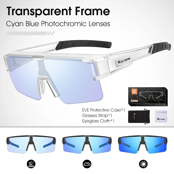WEST BIKING Photochromic Myopic Fit Over Solglasögon Unisex Cykelglasögon Polariserade körglasögon UV400 Fiskecykelglasögon Clear x Cyan Blue
