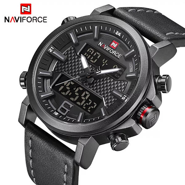 NAVIFORCE Sportklockor för män Herr Quartz LED digital klocka Toppmärke Lyxigt manligt mode Läder Vattentät militär watch Black Grey