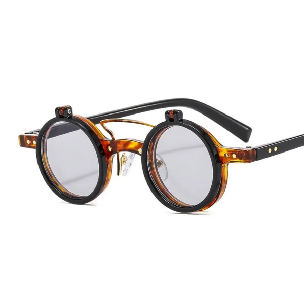 Mode små runda dubbelbroar Solglasögon för kvinnor Retro Punk Vintage Flip Lens Shades UV400 Män Nitar Solglasögon C3