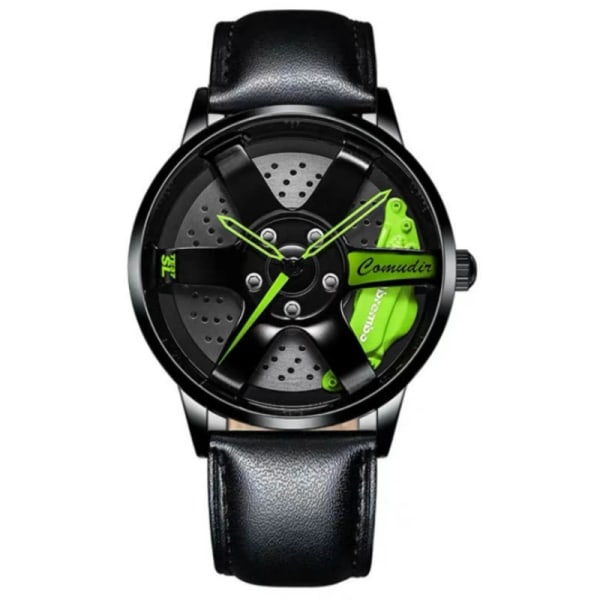 Mode män klockor Hollow 3D Wheel Watch för män Kvinnor Klänning watch Racing stil anti-scratch spegel Vattentät manlig armbandsur Green-PU Strap