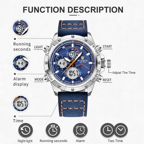 2023 Ny Dual Display Herrklockor Lyx Sport Vattentät Kvarts Elektronisk Watch För Män Mode Läder Lysande Kronograf L Black and red