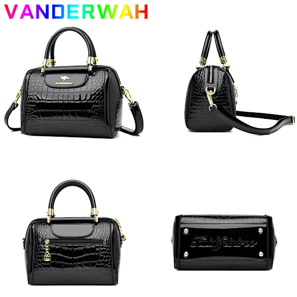 Lyxiga handväskor i lack för kvinnor Designer Krokodilmönster Damaxelväska Crossbody-väska Nya Messenger-väskor för damer Black