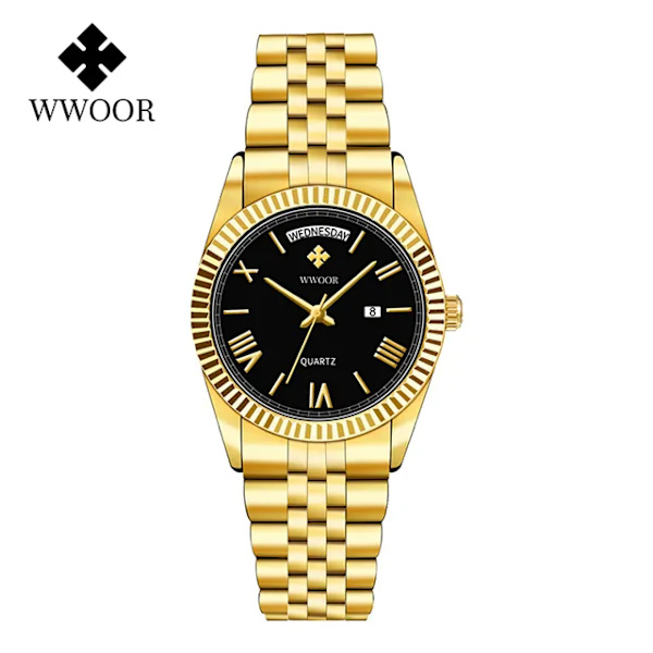 WWOOR Nya guldklockor Herr lyxigt rostfritt stål med kalender Warterproof manlig klocka Week Quartz Armbandsur Relogio Masculino Gold black