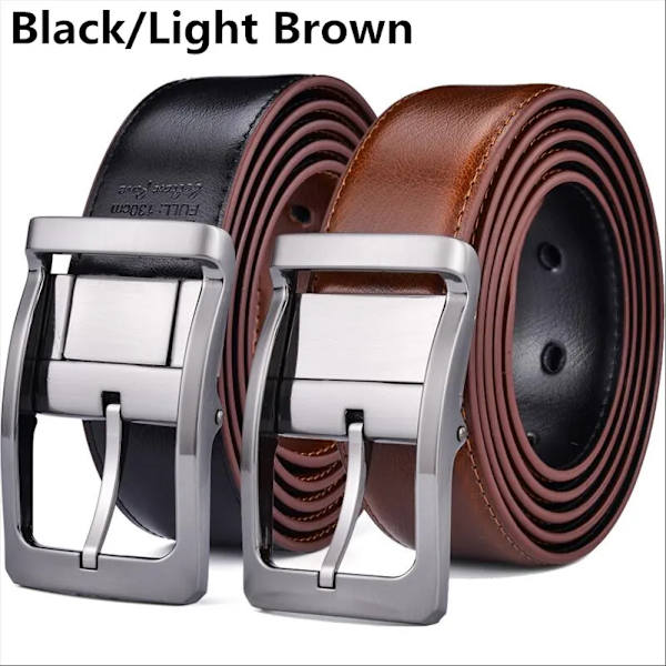 Vändbart bälte i äkta läder för män med roterat spänne två i ett stort och högt 0068-Bk Light br 125cm (Waist 110cm)