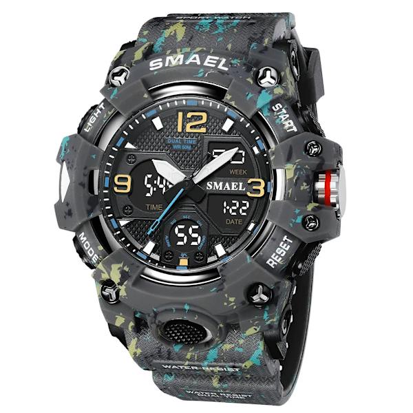 SMAEL Dual Time Watch för män Mode Vattentät Quart Digital Armbandsur Väckarklocka LED Bakgrundsbelysning Kalenderklockor 8008 Camo Gray