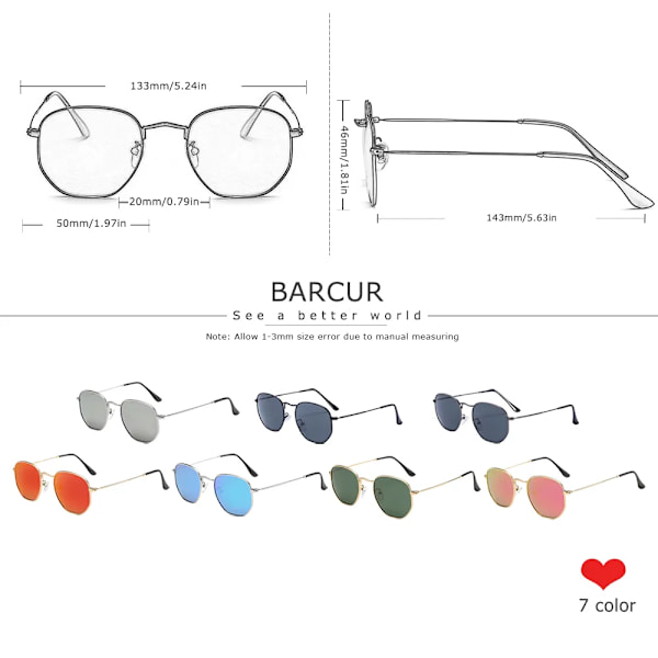 BARCUR Klassiska Retro Reflex Solglasögon Man Hexagon Solglasögon Metallram Glasögon Solglasögon Med Box Oculos De Sol gafas Gun Gray BARCUR