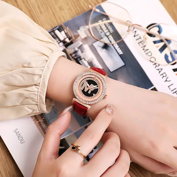 Mode Lyx TVK Watch För Kvinnor Rött Läder Vattentät Digital Full Diamant Dam Quartz Klockor Montre Femme Armband Leather Red
