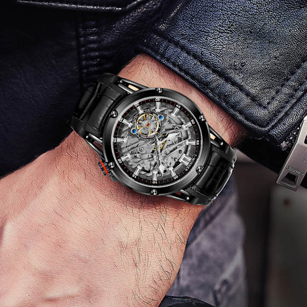 T-vinnare Ny 2023 män automatisk mekanisk watch Läderrem Skelett Mode Vattentät för manliga presentklockor black